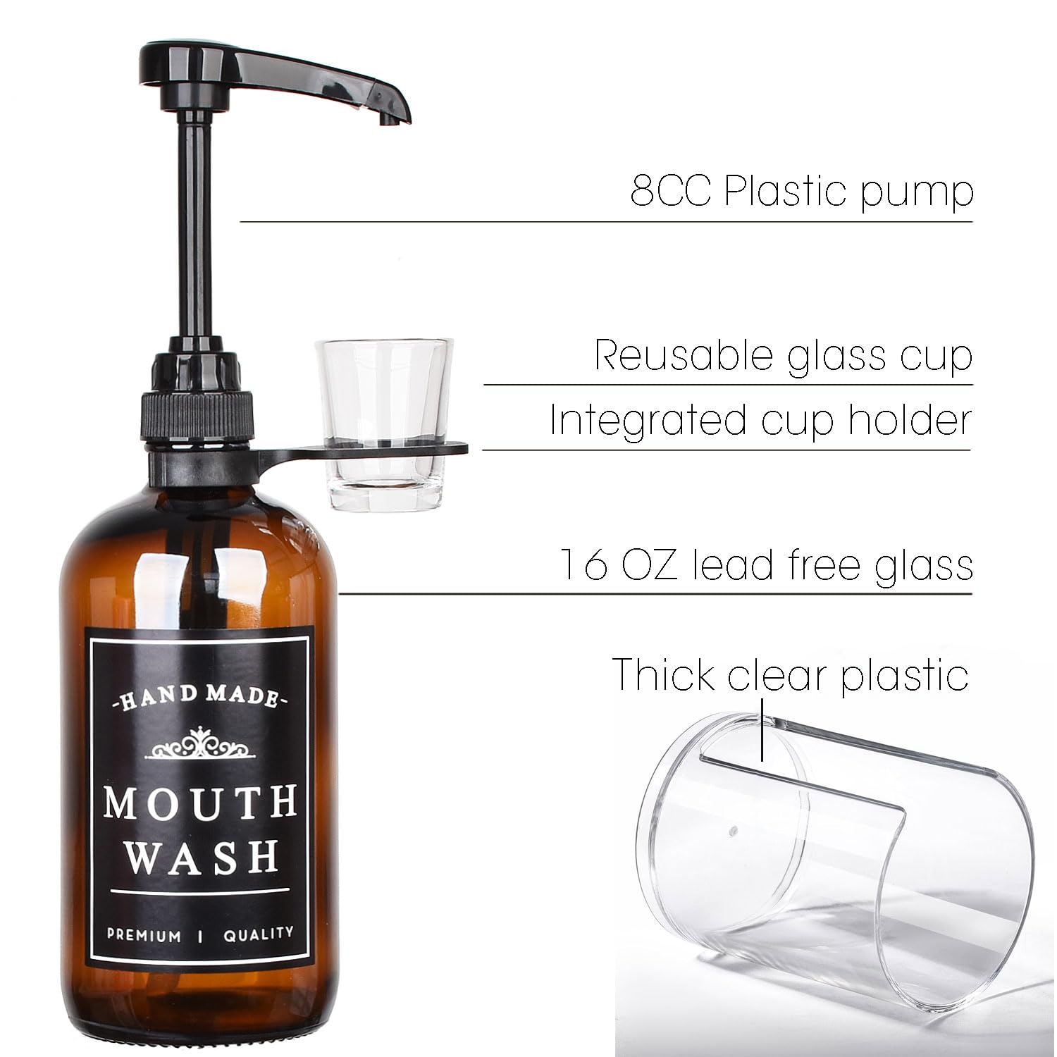 Amber Glass Mouthwash Dispenser For Bathroom With Reusable Cup Holder And Pump, Glass Cup And Clear Plastic Paper Cup Dispenser
